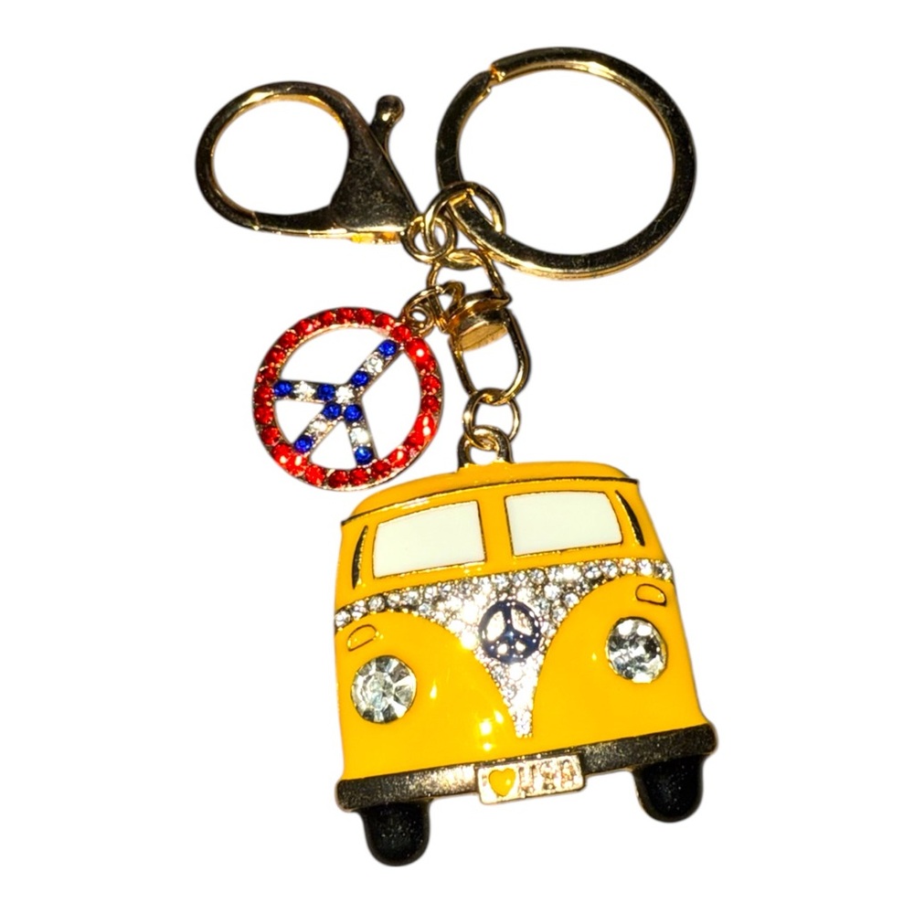 Yellow Bus Keychain with Peace Charm